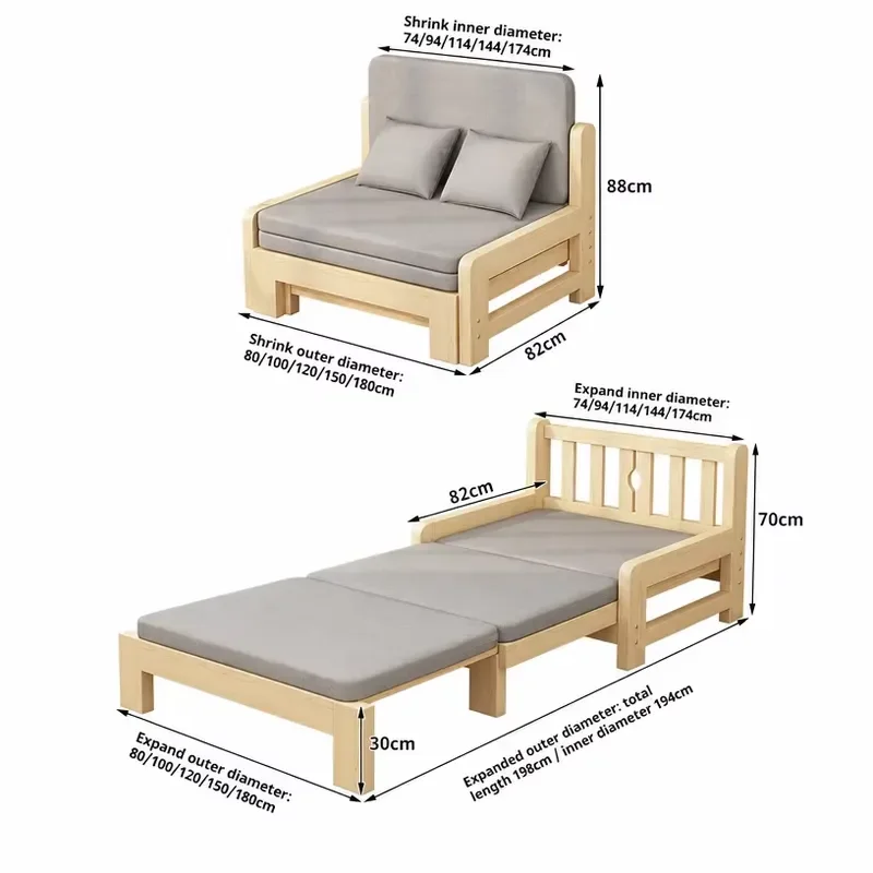 Modern Solid Wood Folding Sofa Bed, Space-saving Convertible Couch with Storage for Small Apartment