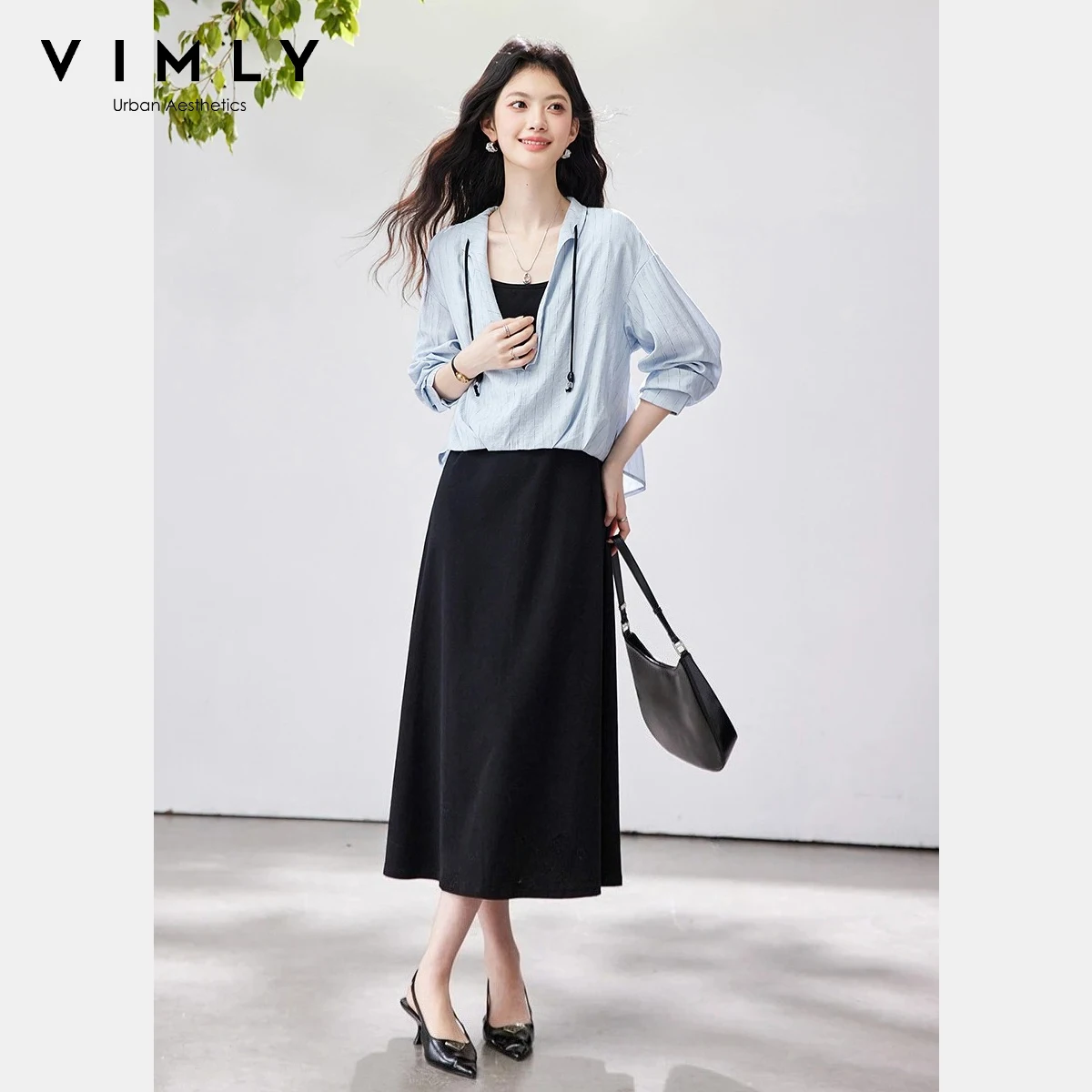 

VIMLY Women's Elegant Office Dress Sets Dolman Long Sleeve Asymmetrical Hem Blouse Camisole A-Line Dress Two-Piece Outfit 30725