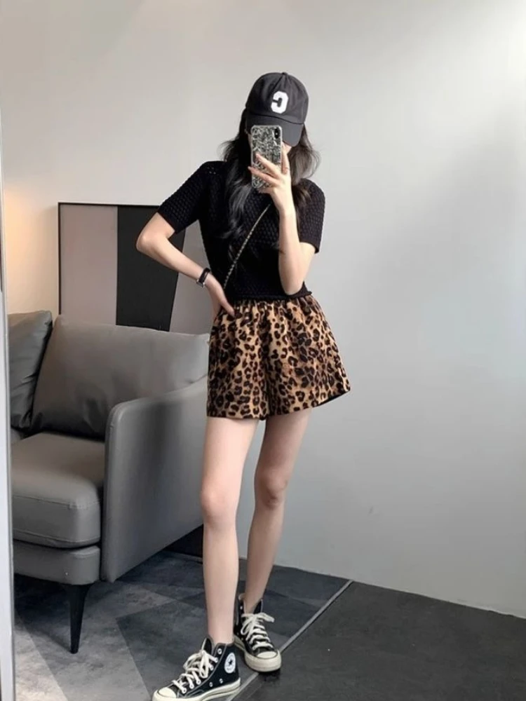 Women's Leopard Print Summer Casual Wide Leg Pants Thin Lightweight Korean Style High Waist Relaxed Fit Slimming Flattering