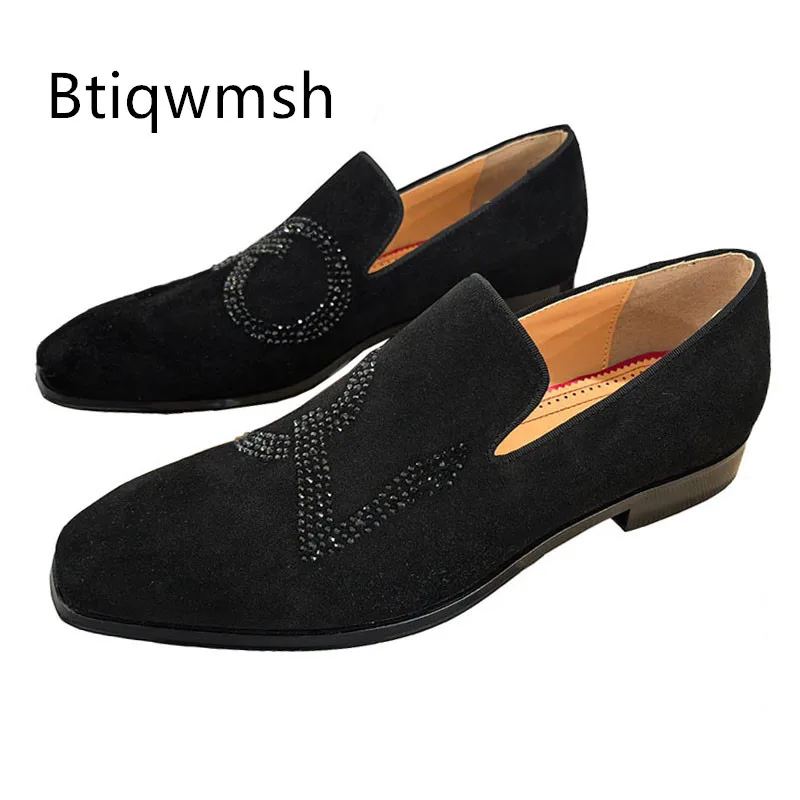 

Black Rhinestone Shoes Man Pointed Toe Slip On Flats Male Fashion Wedding Shoes