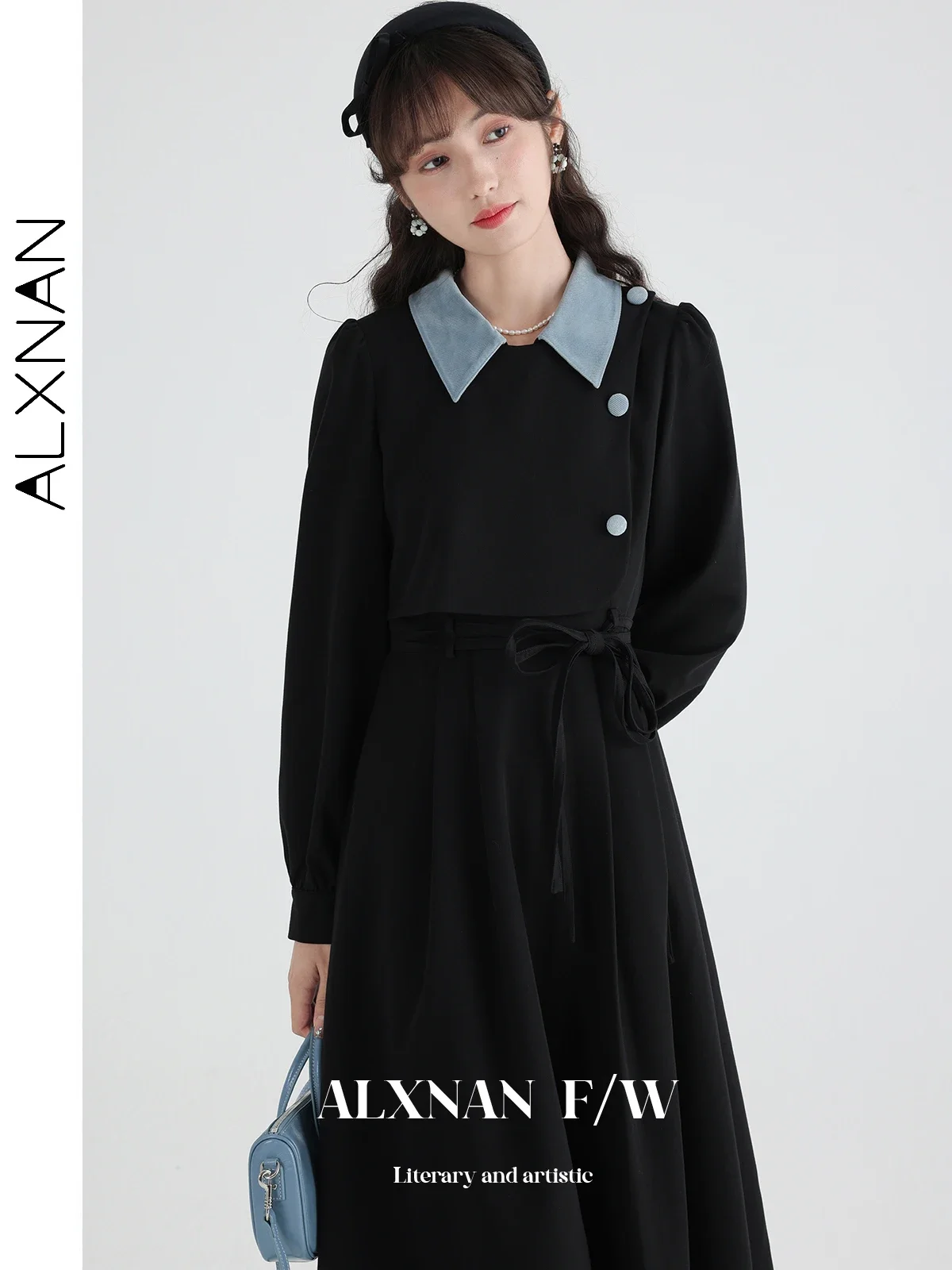 ALXNAN French Elegant A-line Lapel Dress Women\'s 2024 Spring New Slim Lace-up Fake Two-piece Long Sleeve Female Dress TM00203