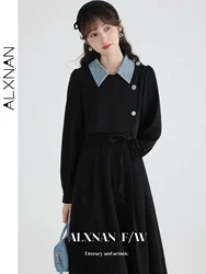 ALXNAN French Elegant A-line Lapel Dress Women's 2024 Spring New Slim Lace-up Fake Two-piece Long Sleeve Female Dress TM00203