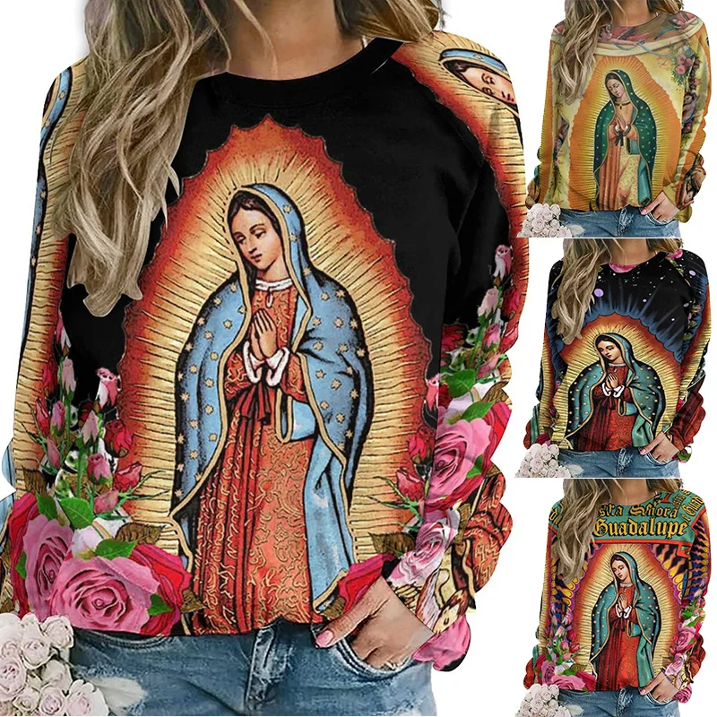 Virgin Mary Hoodies Long Sleeve Our Lady of Guadalupe Printed Crew Neck Pullover Autumn Loose Tees for Ladies Sweatshirt Blouse