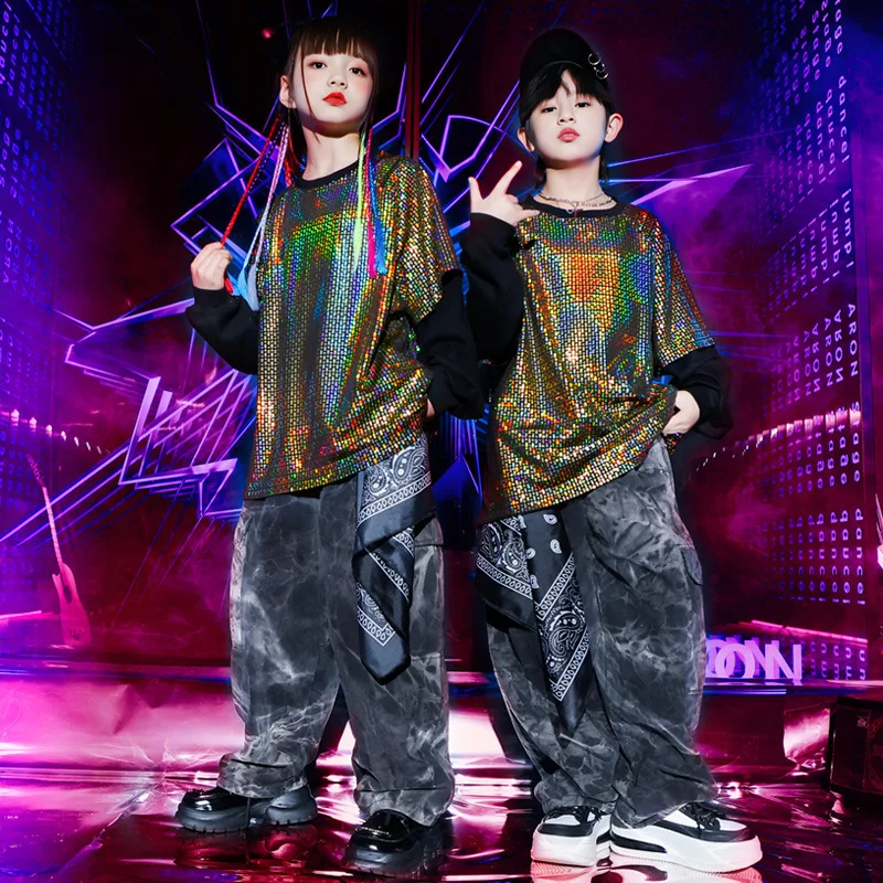 Hip Hop Kids Costume Cool Boys Hip Hop Suit Girls Runway Fashion Sequins Dance Jazz Costume