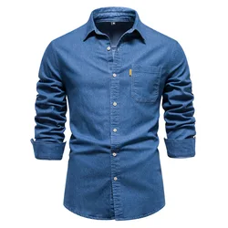 New Cotton Men Long Sleeve Spring And Autumn Classic Denim Shirt Solid Color Lapel Pocket Decorative Quality Fashion Denim Shirt