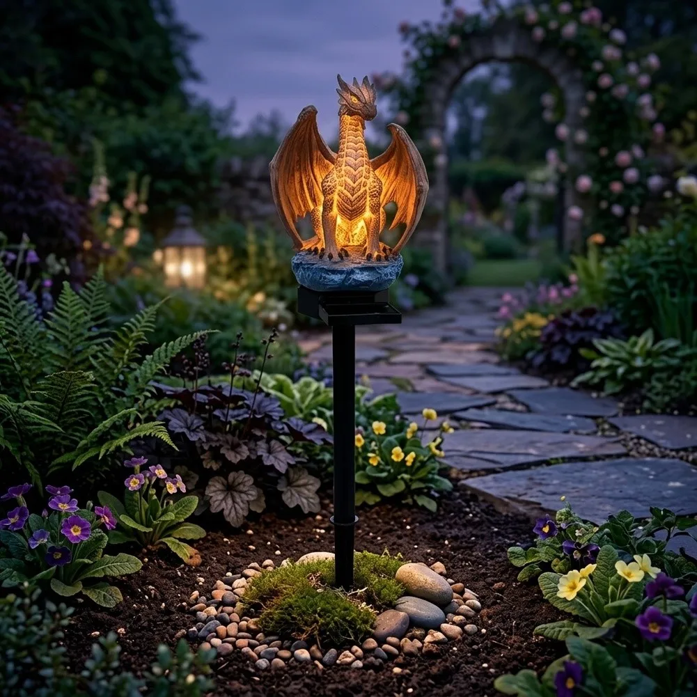 Dragon Garden Ornament Solar Powered Resin Statue 41cm Height for Outdoor Decorative Use in All Weather Conditions
