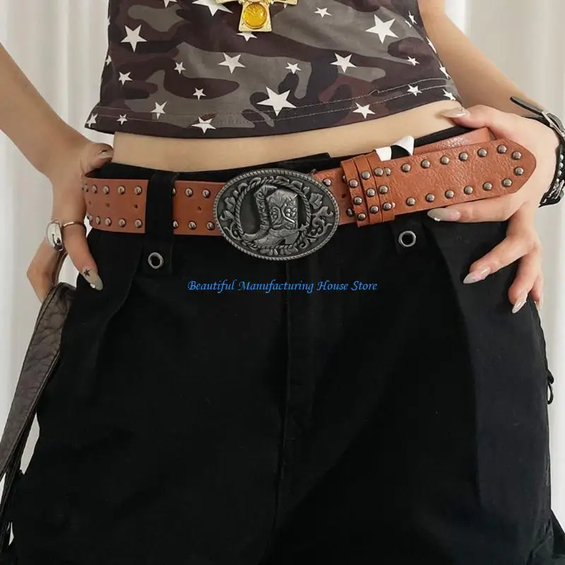 E56A Adjustable Gothic Belt for Women Retro Carved and Metal Rivets Detailing Cowgirl Punk PU Leather
