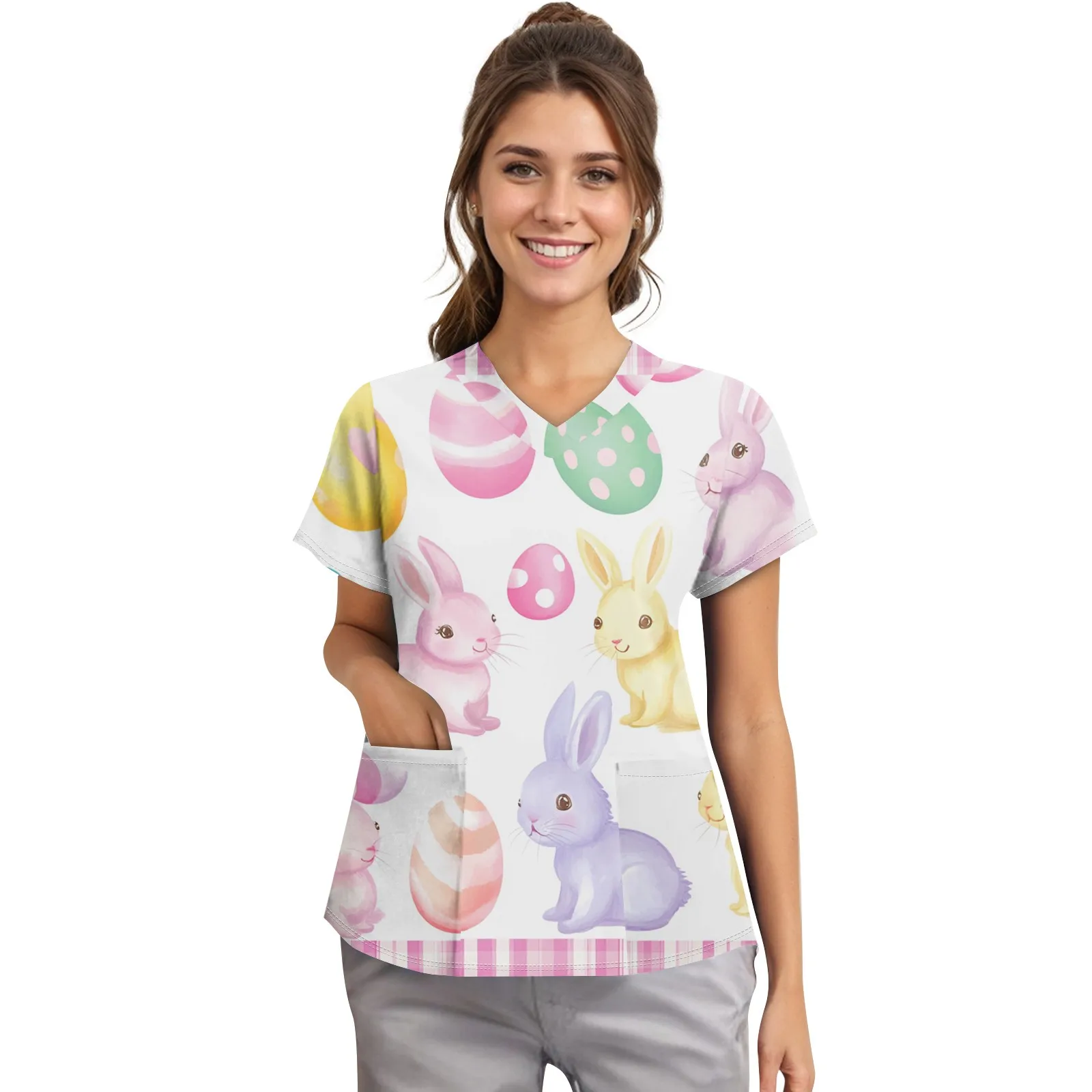 เครื่องแบบผู้หญิงทางการแพทย์ Easter Bunny การ์ตูนพิมพ์สูติศาสตร์พยาบาล V คอสั้นแขนเสื้อ Tees สัตว์เลี้ยง Medical Scrubs สําหรับผู้หญิง