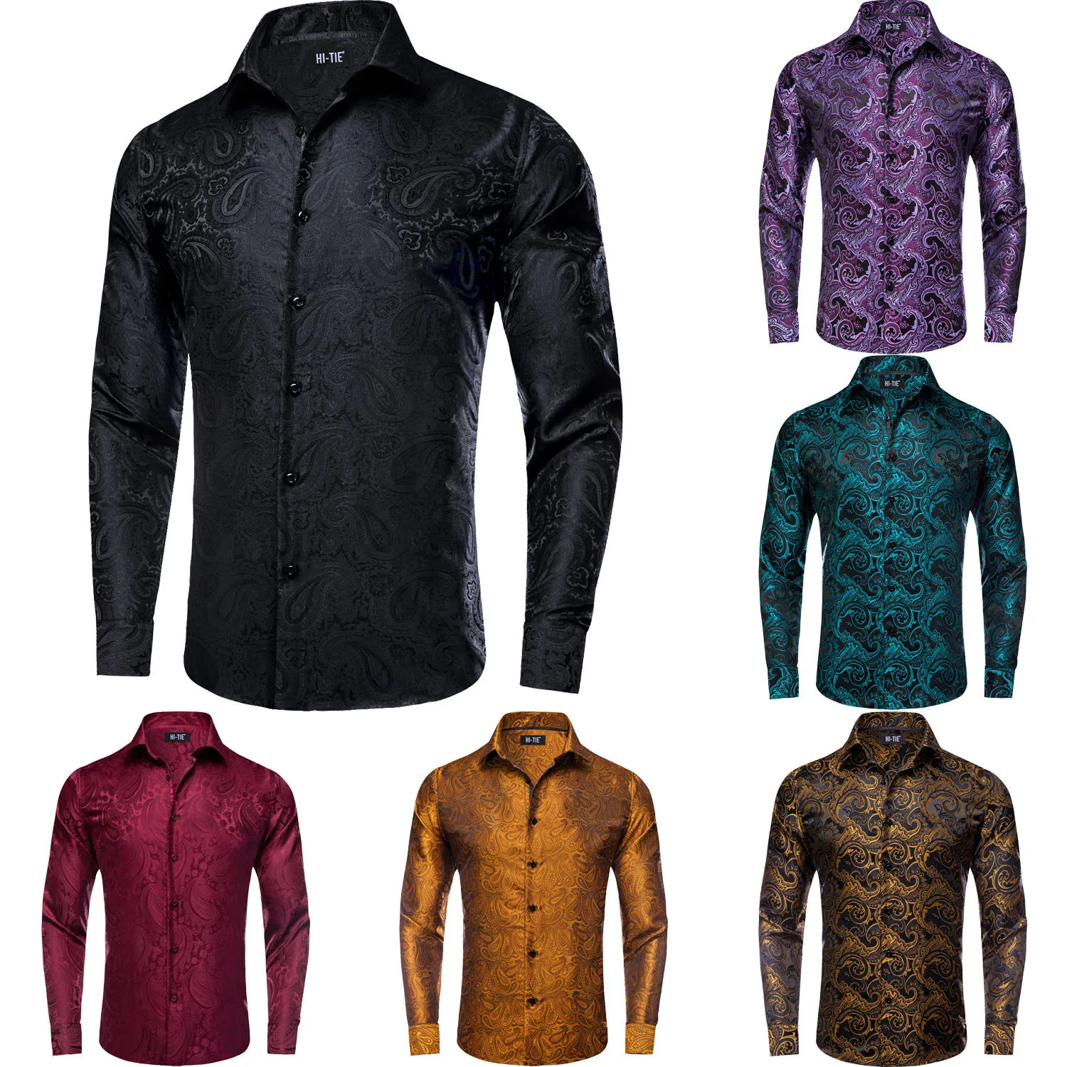 

Formal Black Men's Shirts Silk Paisley Long Sleeve Casual Shirt For Male Jacquard Male Business Party Wedding Dress Gifts Hi-Tie