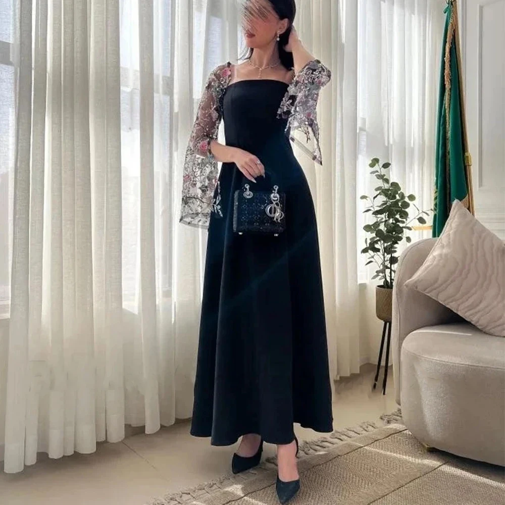 Customized Piece Evening Dress Strapless A-Line Ankle Length With Jacket Long Sleeves Illusion Lace Applique Women Party Gowns