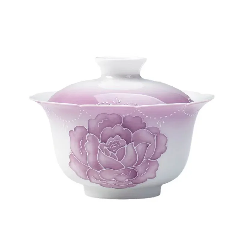 Gradual Change Purple Arita Yaki Hand-painted Rose Ceramic Cover Bowl Kung Fu Tea Set Household Flower Mouth Tea Bowl Cover Bowl
