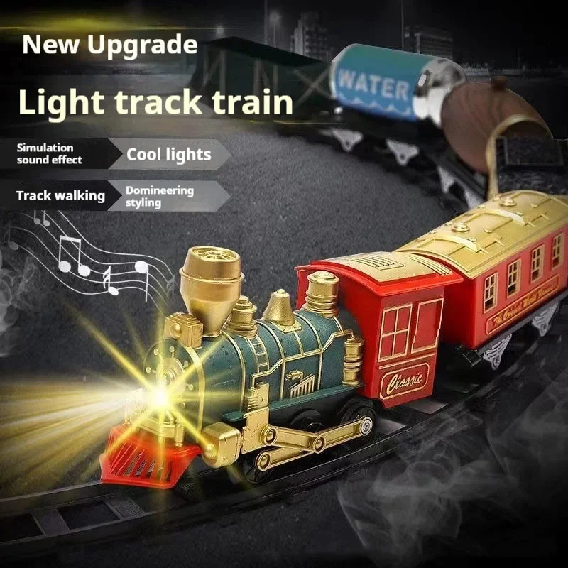 Crianças trem elétrico ferroviário carro simulação retro trem a vapor modelo crianças ferroviário de alta velocidade brinquedo menino conjunto presentes natal