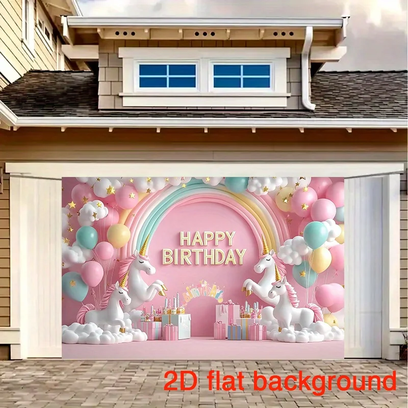 2D flat, 1pc rainbow and unicorn birthday party background - whimsical polyester banner, unicorn birthday party decoration - view 4