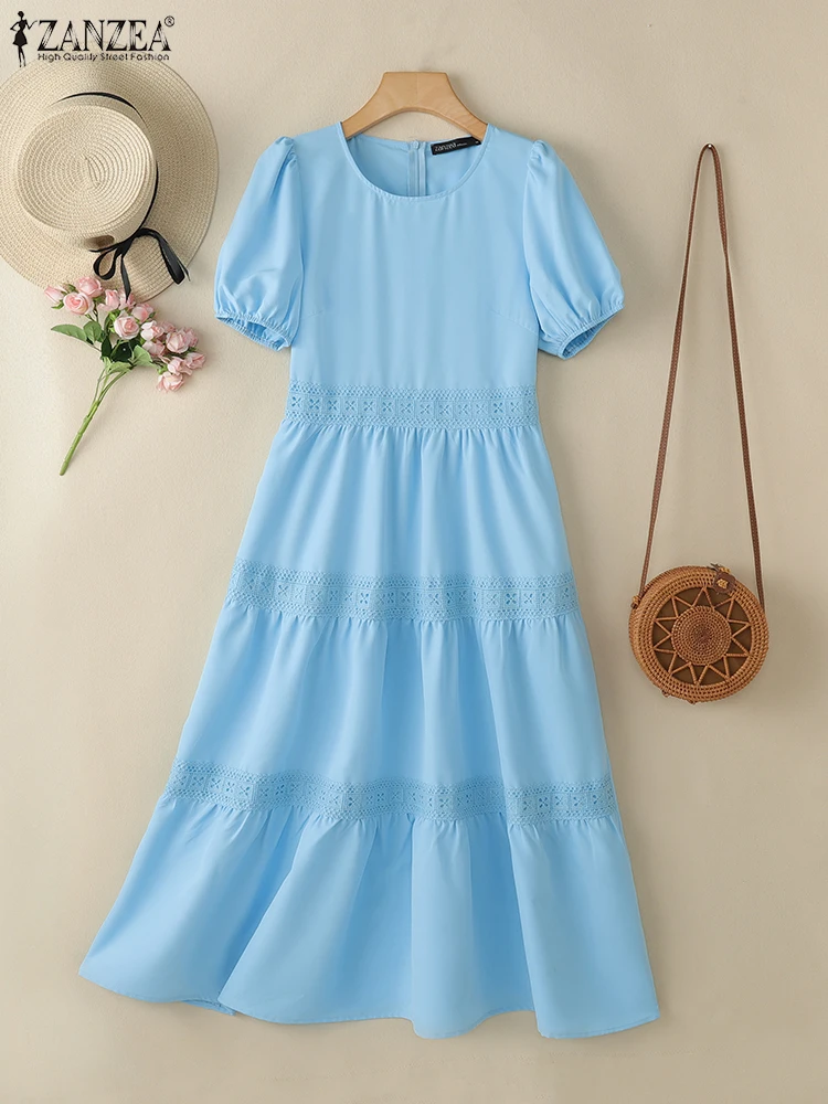 

ZANZEA Elegant Womens Tiered Midi Dresses Vacation 2025 Summer Solid Lace Patchwork Short Puff Sleeve O-Neck A-line Robes Femme