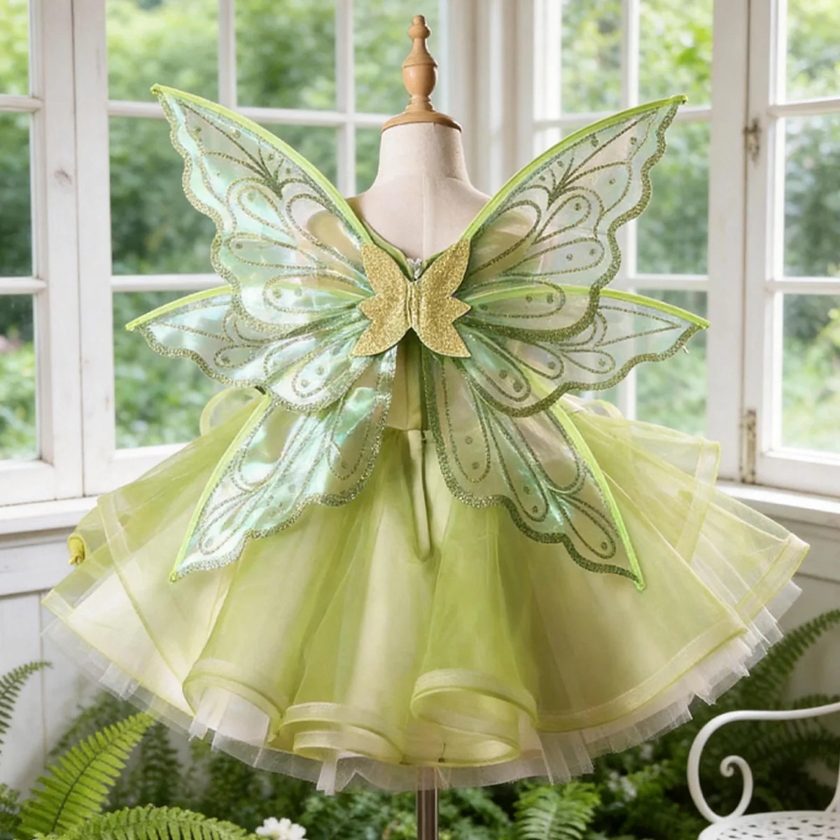 Custom Luxury Dress Flower Girl Wedding Gown Pageant Green Fairy Wing 3D Floral Tulle Kid Luxe Bday Guest Formal Gown