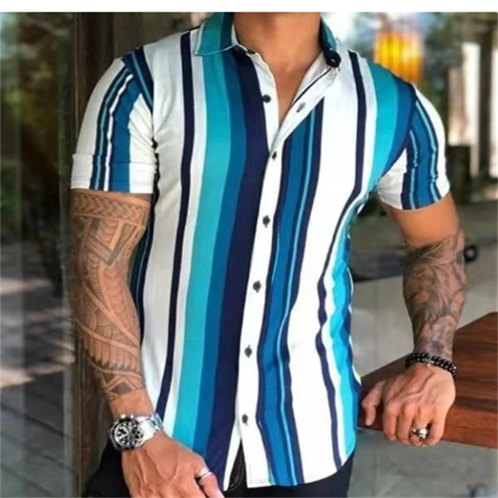 Men\'s short sleeved lapel striped printed button up shirt for summer leisure vacation, comfortable and soft Hawaiian shirt