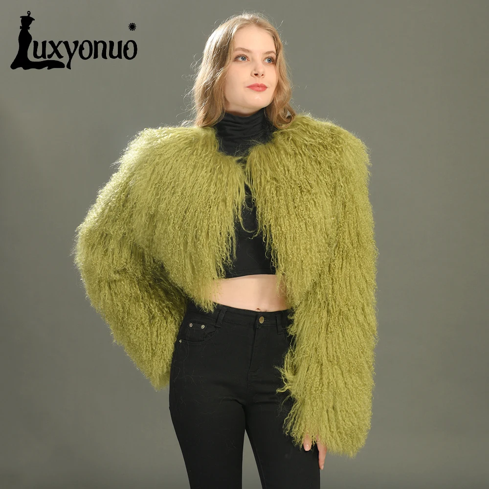 Luxyonuo Echt Mongolischen Schafe Pelzmantel Frauen Damen Mode Kurzen Stil Einfarbig Flauschigen Pelz Jacke Winter Warme Mäntel Weibliche