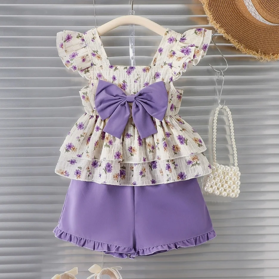 

Baby Girl Clothes Toddler Little Girl Outfits Cute Bowknot Decoration Suspender Top And Shorts 2pcs Set Kids Clothing 2-7 Years