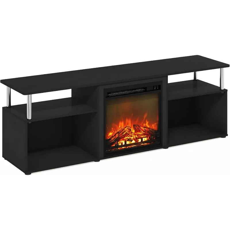 Open Storage Fireplace Entertainment Center for TV up to 70 Inch with Stainless Steel Tubes, Americano/Chrome