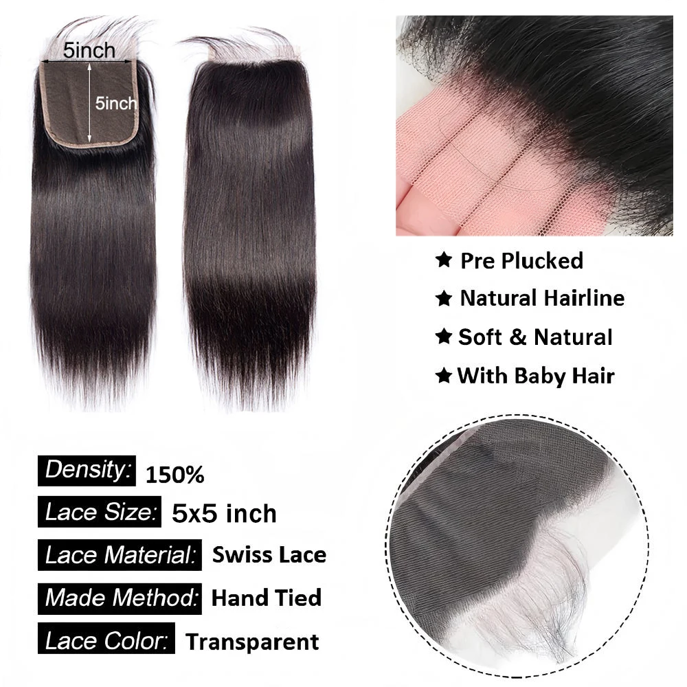 Straight 5x5 Lace Closure 100% Human Hair 12A Unprocessed Brazilian Virgin Hair Extensions Pre Plucked With Baby Hair For Women