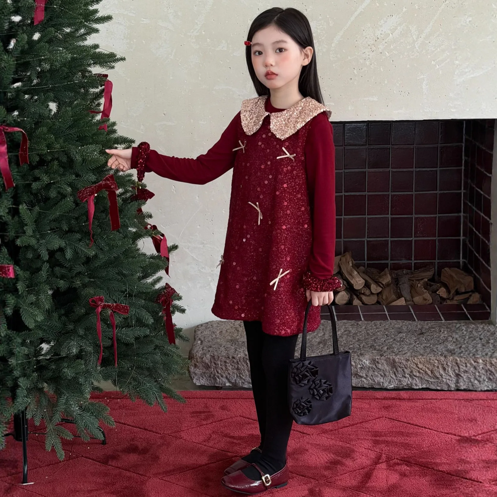 Spring and Autumn Winter Girls' Red Sparkling Dress New Year Christmas Children's Dress Princess