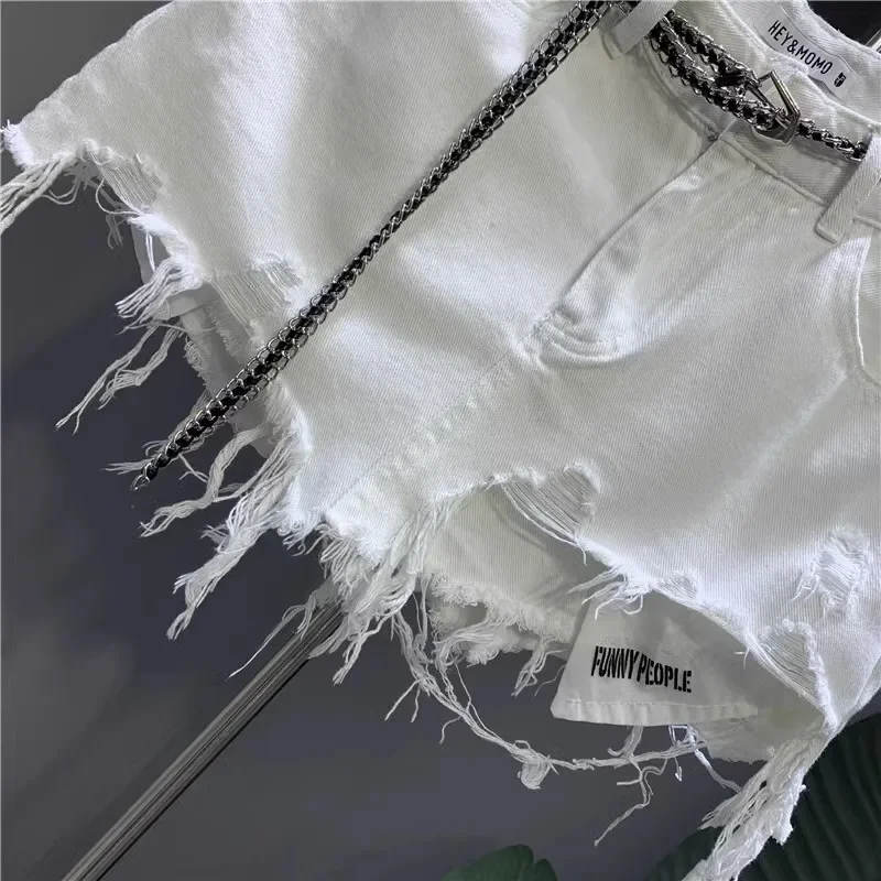 New Korean White Raw Irregular Denim Skirt Women's Anti-Walk Naked Hole Pocket Exposed Short Skirt