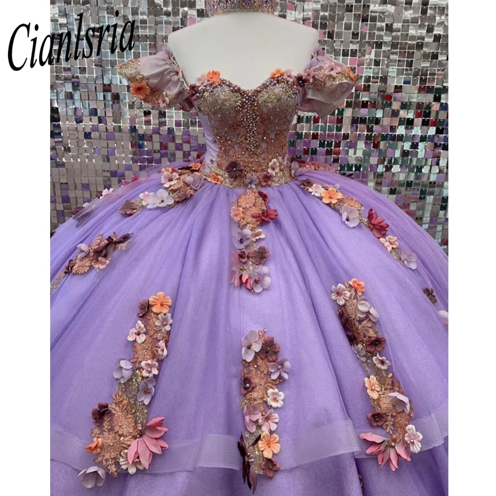 Lilac Quinceanera Dresses Puffy Ball Gown  Sweet 16 Formal Off the Shoulder Lace Appliques Birthday Princess Party Gowns