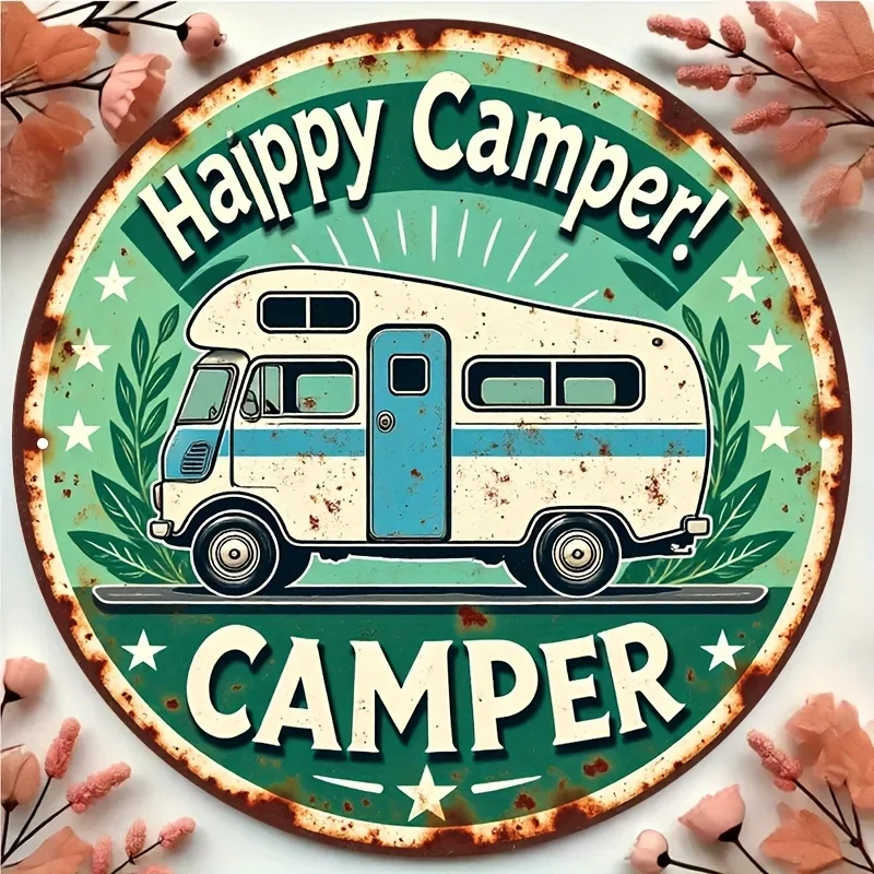 Vintage Happy Camper Round Metal Sign 2D Flat Rv Camper Wall Art, Suitable for Cabin Garage Outdoor Decoration.