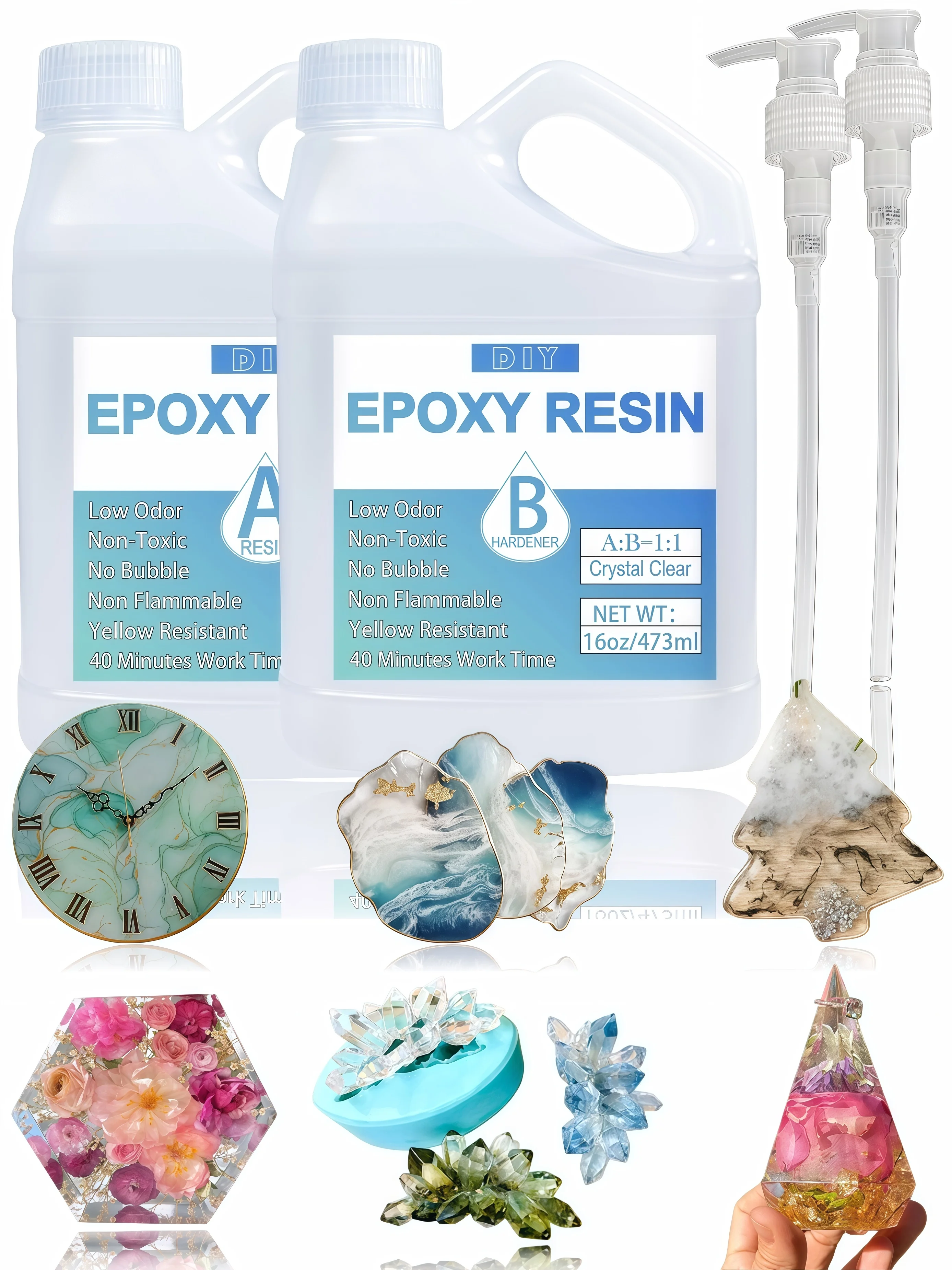 Résine époxy avec pompes, kit de résine époxy sans bulles, résine époxy transparente comme du cristal et durcisseur pour l'art DIY, les moules, l'artisanat