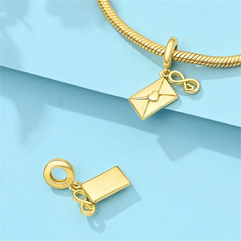 2026 New 925 Sterling Silver Gold Heart Envelope Charms Beads CZ Zircon Dangle Fit 3mm Original Bracelet DIY Women Jewelry Gifts