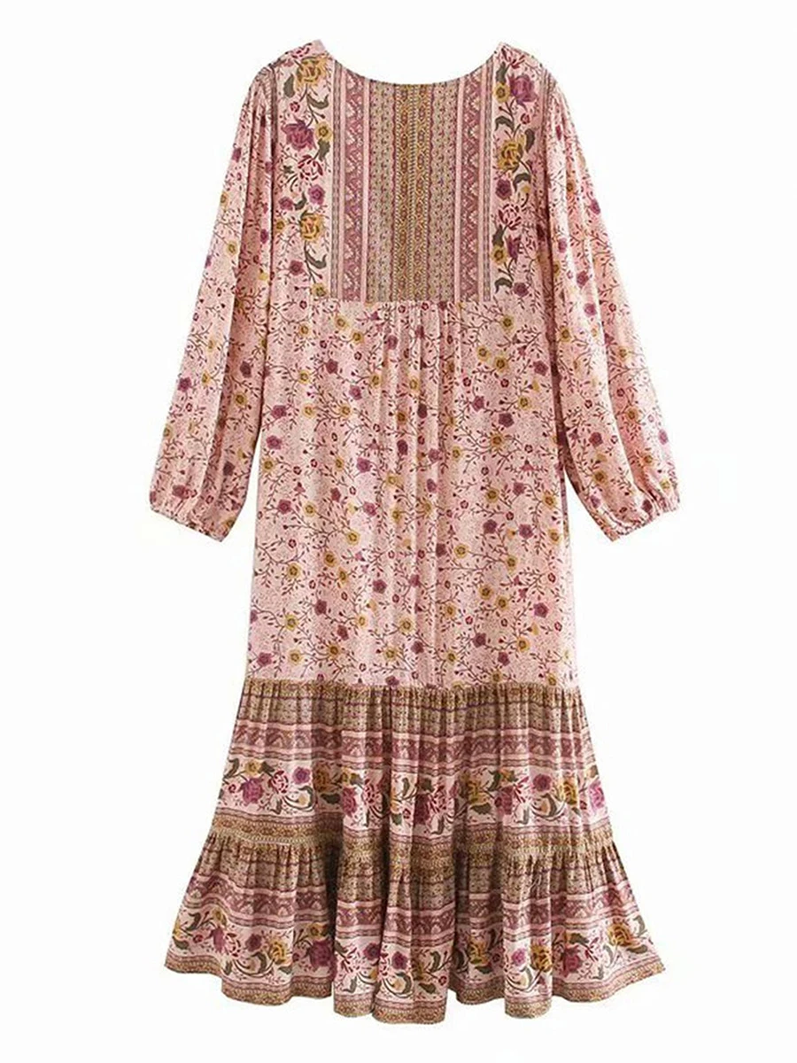 Women s Bohemian Long Dresses Floral Print Long Balloon Sleeves Tie V-Neck Tiered Smock Flowy A-Line Dress