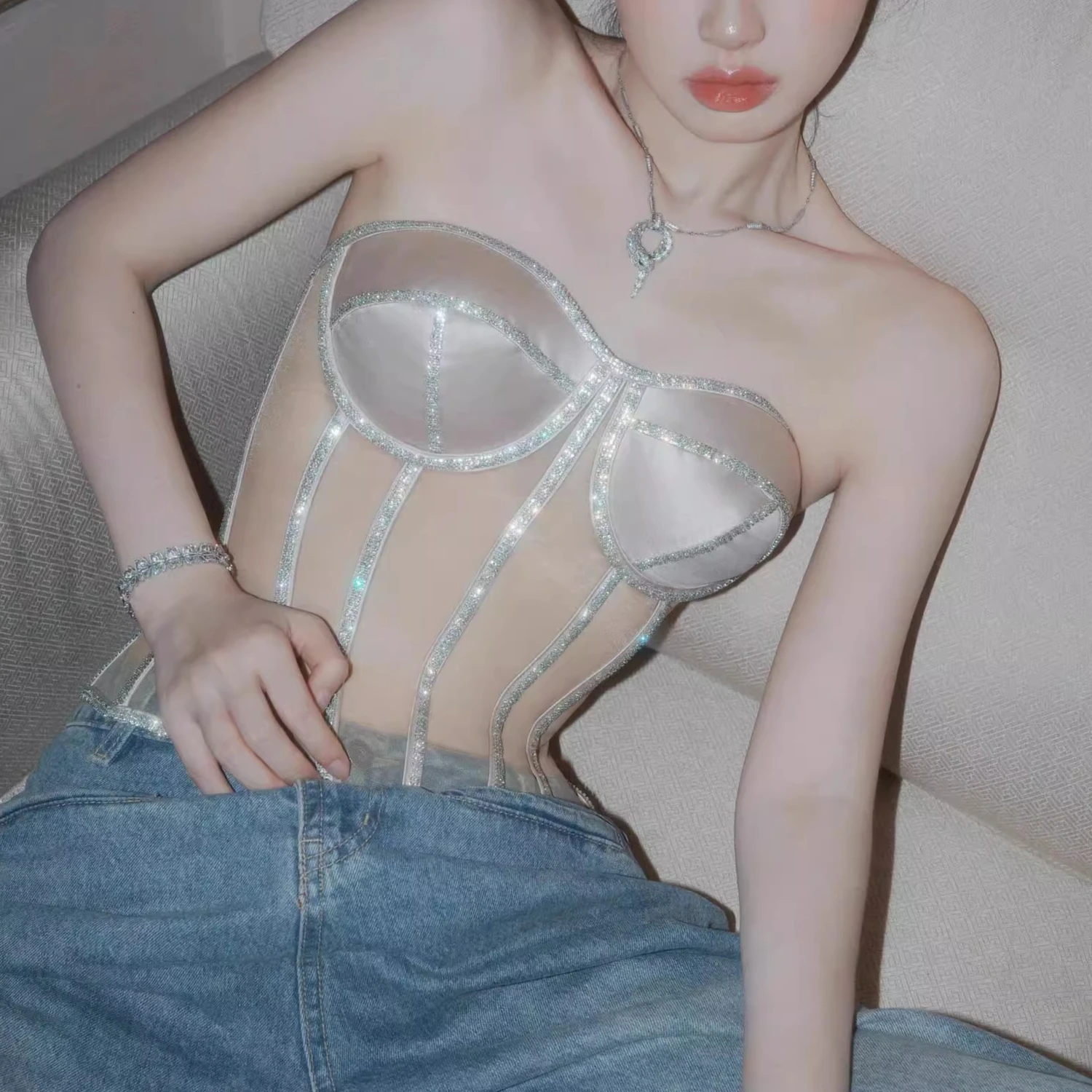 

Роскошный дышащий сетчатый корсет с кристаллами, женский тонкий яркий жилет со стразами, сексуальный прозрачный черный, белый цвет, кружевная сетка, женский