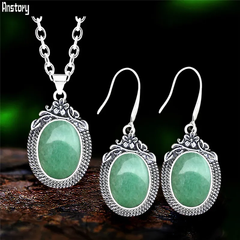 Vintage Natural Stone Quartz Jades Jewelry Set For Women Antique Silver Plated Flower Plant Pendant Necklace Earring Jewelry