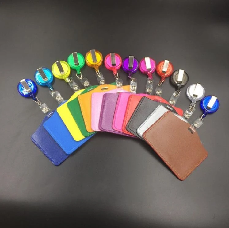 200 sets Assorted Color PU Leather ID Badge Card Holder with Retractable Reel Key Clip Set Party Gifts SN4057