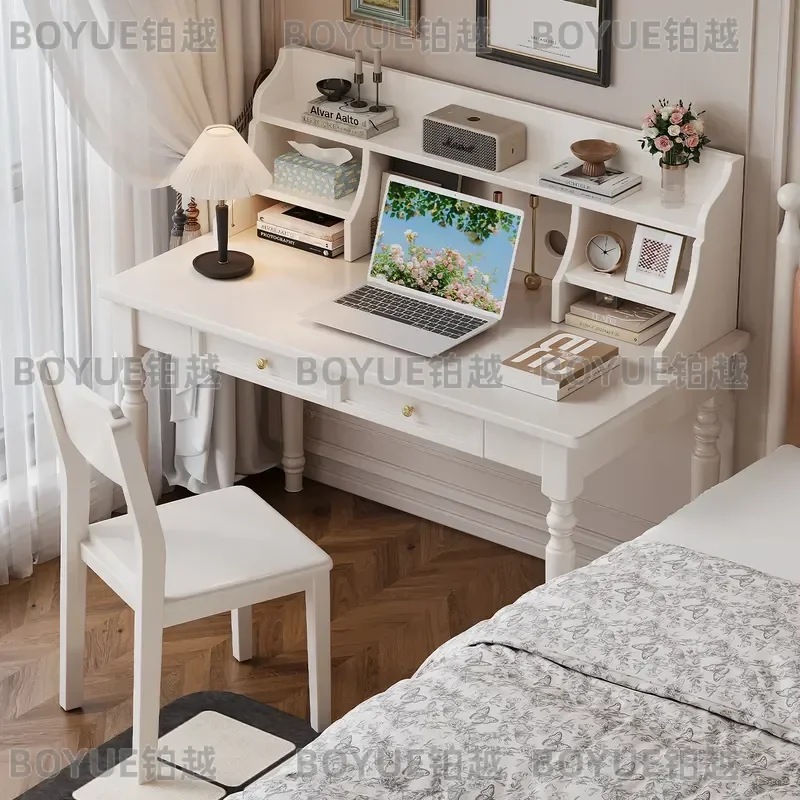 for American Style Black Makeup Desk with Bookshelf Integrated French Retro Study Table for Bedroom Small Computer Table