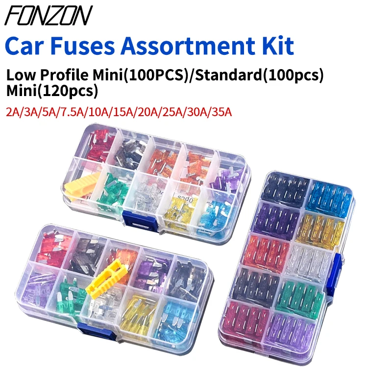 

100/120PCS Car Fuse Assortment Kit Standard & Mini & Low Profile Mini Fuse for Car(2A 3A 5A 7.5A 10A 15A 20A 25A 30A 35A)