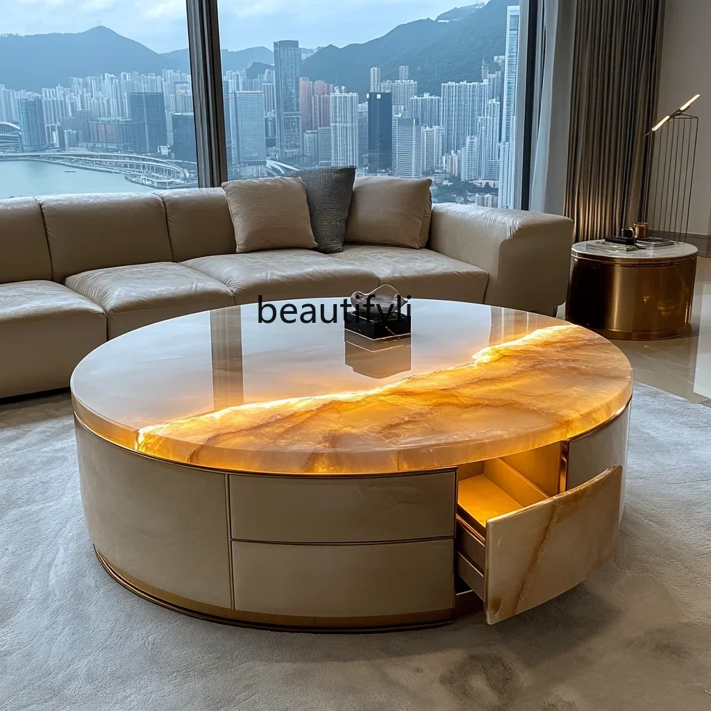 

FG28Luminous jade luxury stone leather coffee table light luxury villa large flat modern living room round coffee table