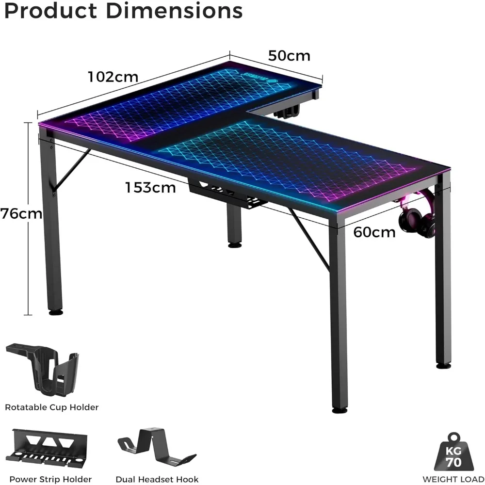 LED Lights 60 Inch L Shaped Reversible Black Glass Gaming Desk Home Office Computer Table GTG L60, Computer Desks