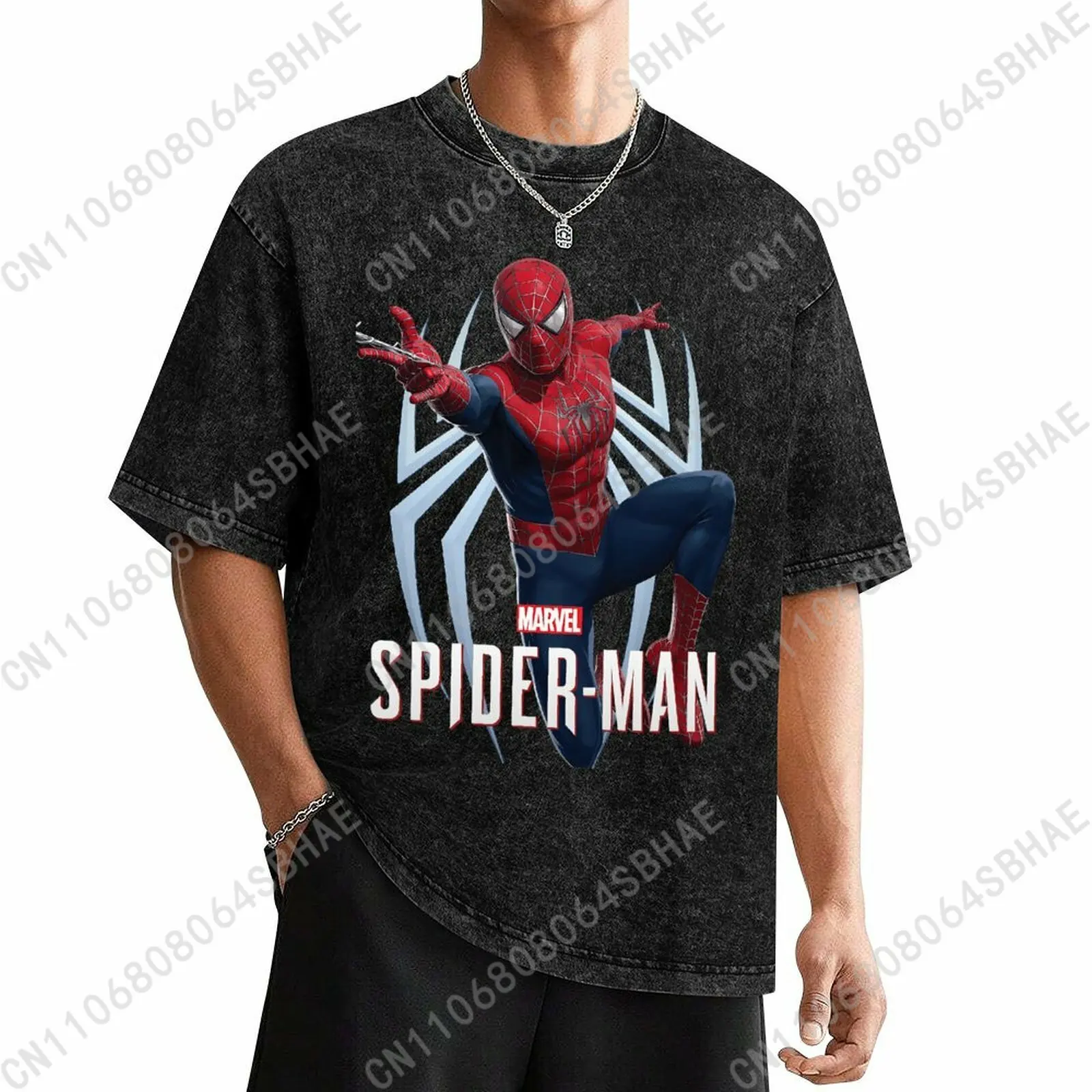 

Мужская винтажная футболка Marvel Spider-Man с эффектом потертости, ретро-футболка с коротким рукавом, персонализированная хлопковая рубашка для косплея