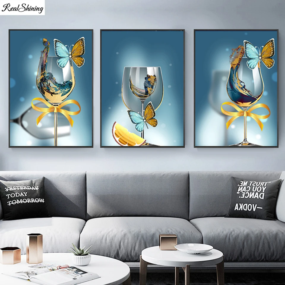 Abstract Color Wine Glass Butterfly Art 3pcs 5D Diamond Painting full drill diy Diamond Embroidery Mosaic stitch triptych T1810