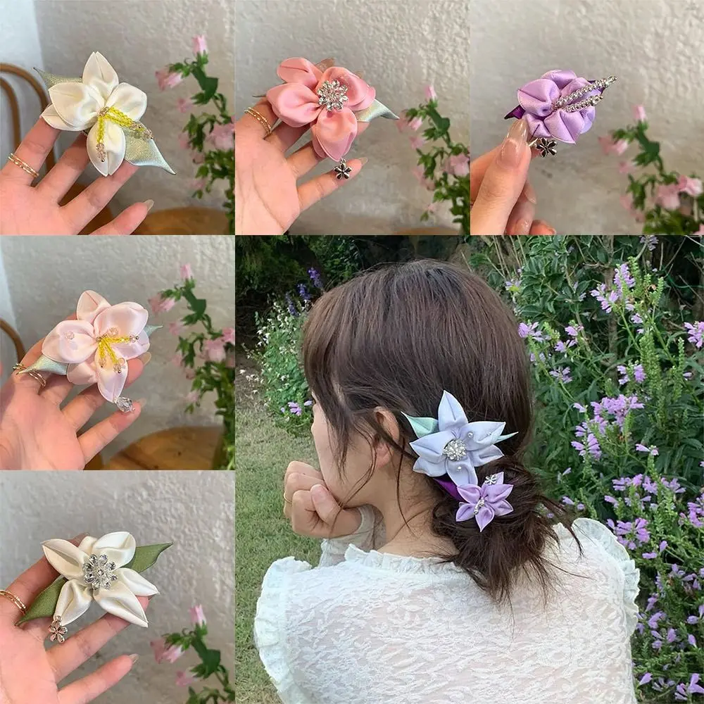 

Creative Silk Lily Flower Hairpin Crystal Inlay Hairdress Bangs Hairclip Headwear Multicolor Hair Clip Gift