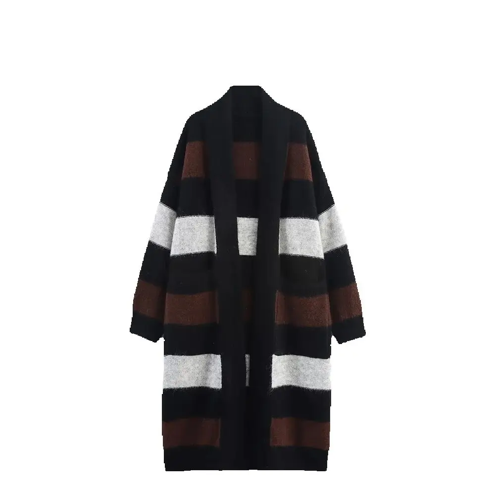 

Mid to long autumn/winter contrasting striped thick sweater, cashmere knit cardigan jacket for women