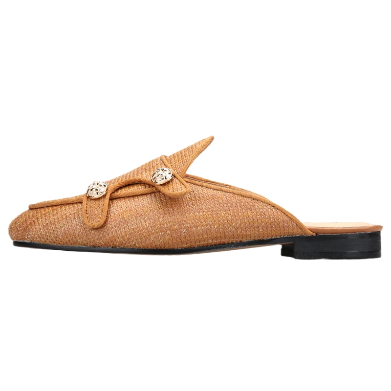 Piergitar Light Brown Belgian Style Mules Use Woven Rafia And Bouble Monk Gold Buttons Handcrafted In GuangZhou Leather Lining