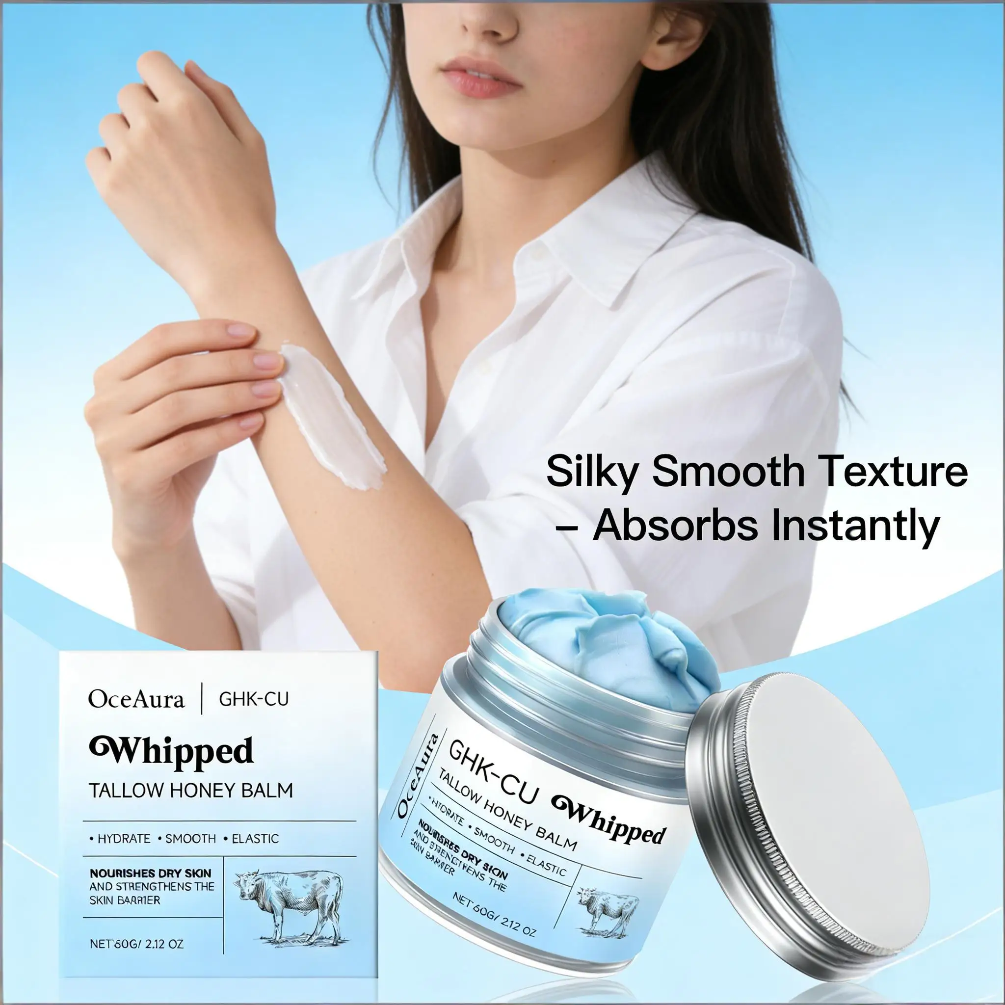 OceAura Whipped Tallow Honey Balm Ghk-Cu: Hidratante Reparador para Fortalecimento da Elasticidade da Pele e Reparação da Barreira Cutânea 60g