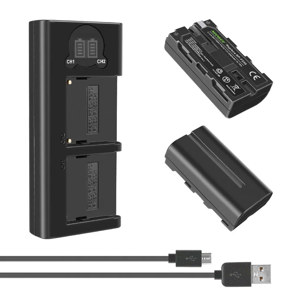 Neewer NP-F550 مجموعة شاحن البطارية ل NP-F970 F750 F960 F530 F570 CCD-SC55 TR516 TR716 والمزيد 2-Pack 2600 استبدال