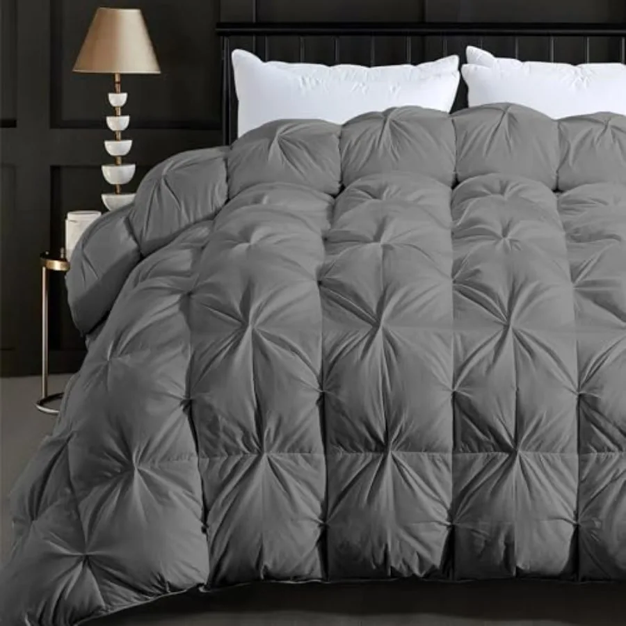 

® Feather Comforter Size Duvet Insert Luxurious Fluffy Hotel Grey Pinch Pleat Bedding Comforter - Ultra Soft All Season 100% Co