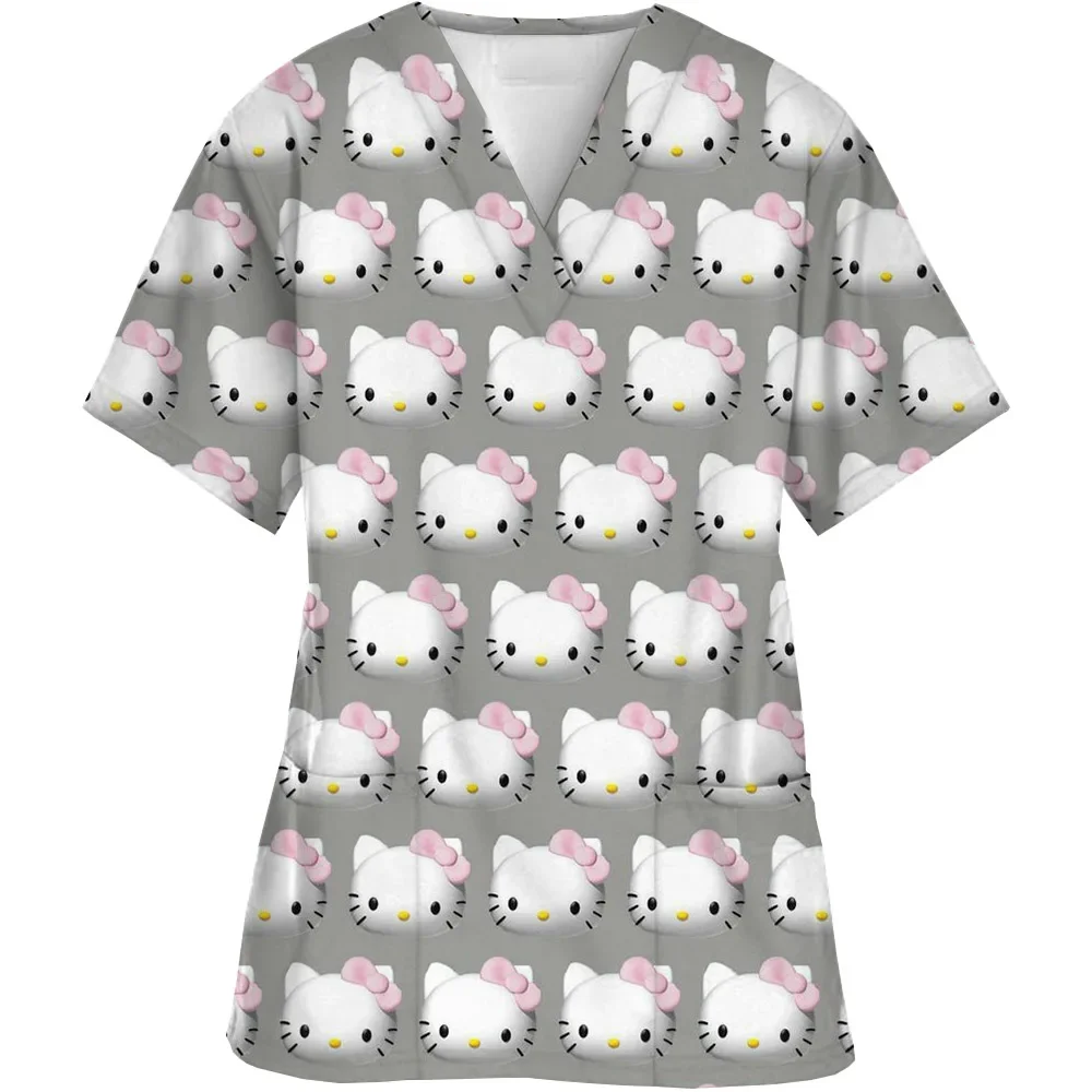 Uniforme da infermiera Donna Manica corta Hello Kitty Uniforme da lavoro Tasca Scrub Top Uniformi mediche con scollo a V infermieristiche Accessori