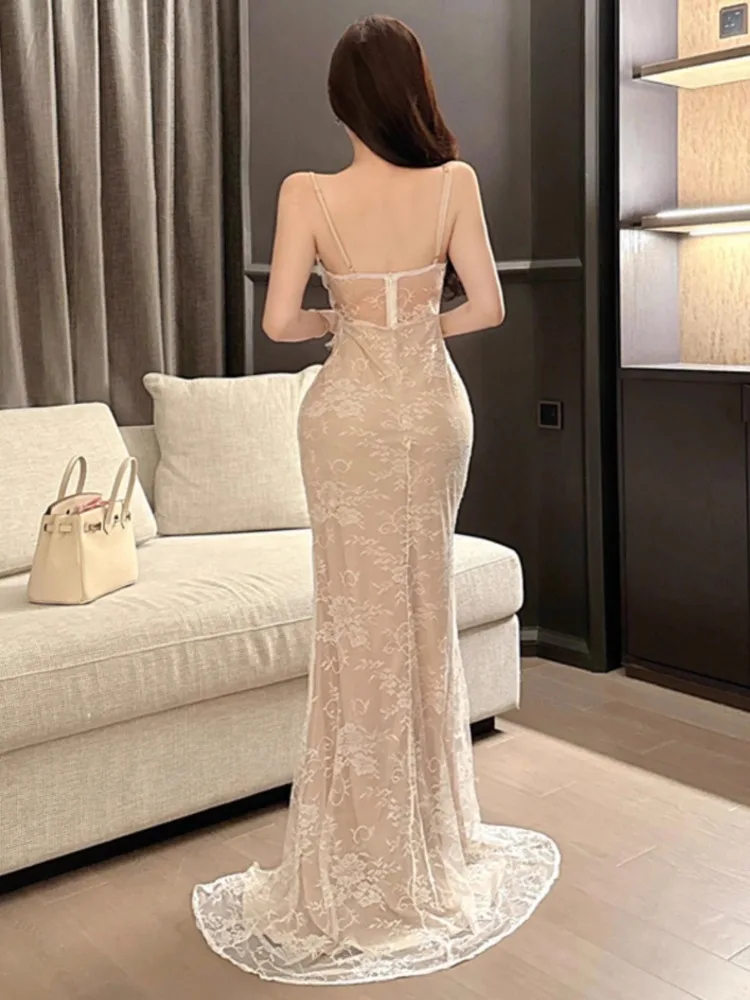 Topanoma Wedding Party Evening Dresses Women Sexy Sleeveless Split Lace V Neck Banquet Cocktail Dress Birthday Backless Elegant