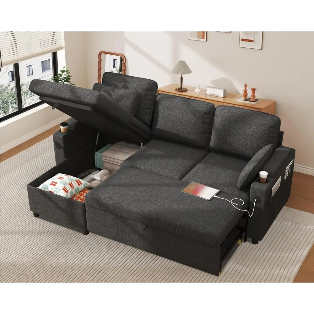 L-Shaped Storage Chaise Sofa with Pull-Out Bed, USB & Cup Holders in Grey