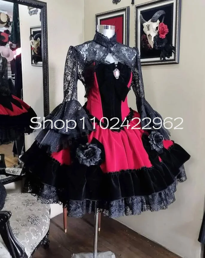 Black Pink Gothic Lolit Mini Evening Homecoming Dresses Long Sleeve Jacket Lace Velvet Bustle Short Prom Gown xvañossteampunk